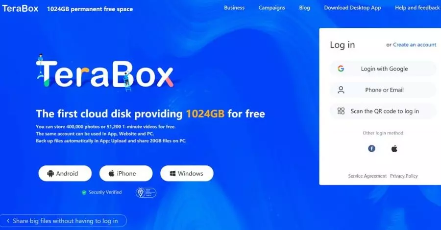 TeraBox oferece um terabyte (1 TB) de armazenamento.